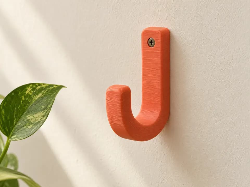 A coral 3D-printed wall hook on a white wall.